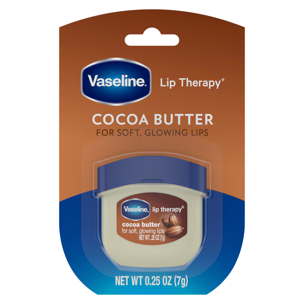 Vaseline Lip Therapy Cocoa Butter packaging on a white background. Purchase from americanbodycare.co.uk