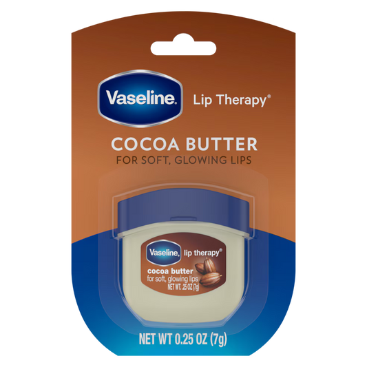 Vaseline Lip Therapy Cocoa Butter packaging on a white background. Purchase from americanbodycare.co.uk