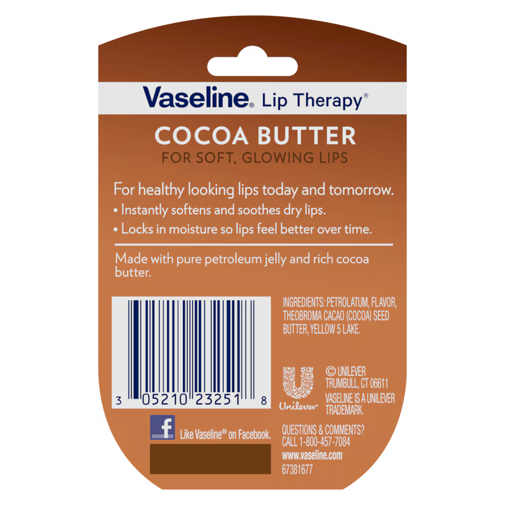 Vaseline Lip Therapy Cocoa Butter packaging with text and barcode on a white background. Purchase from americanbodycare.co.uk