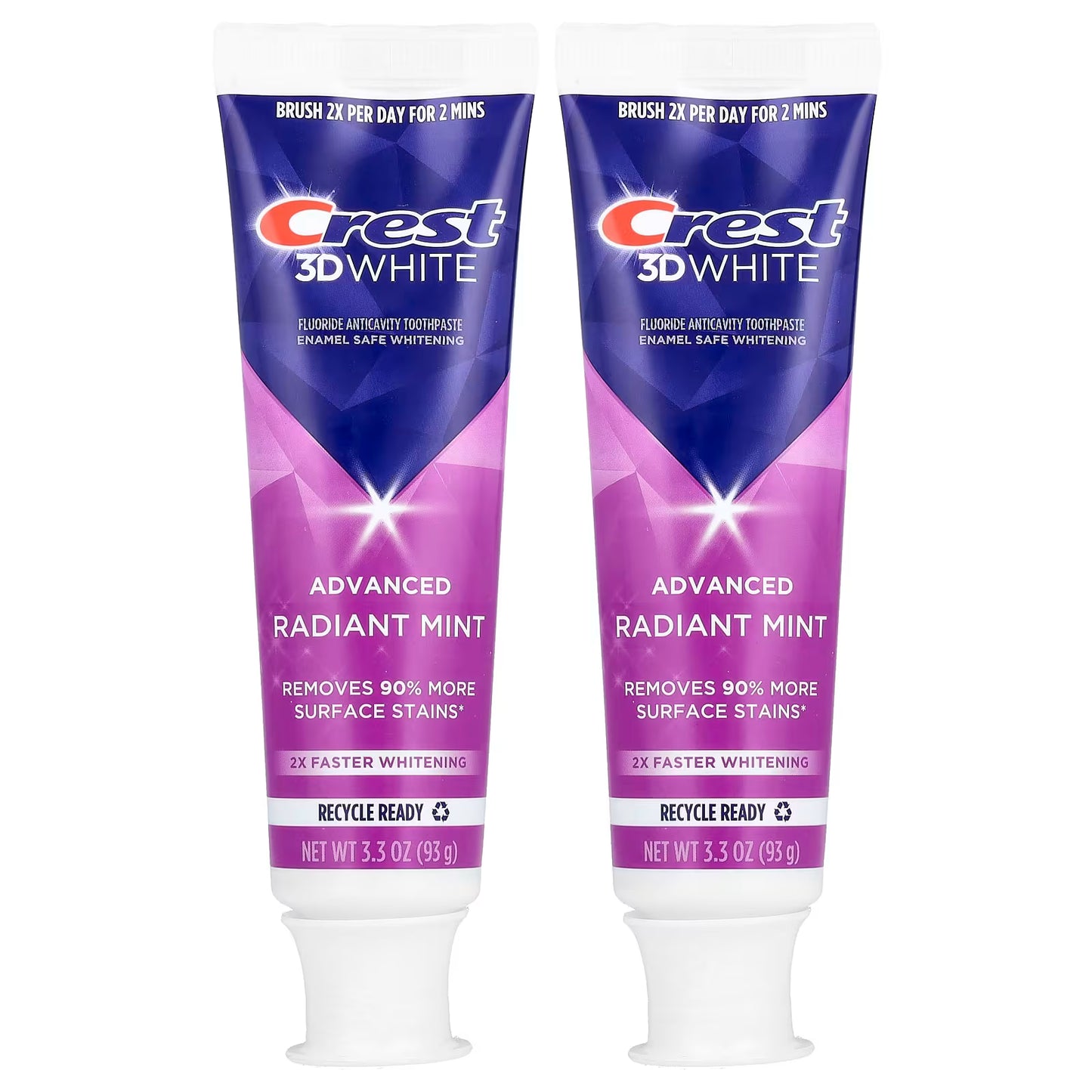 Two tubes of Crest 3D White Advanced Radiant Mint toothpaste on a white background. Purchase from www.americanbodycare.co.uk 