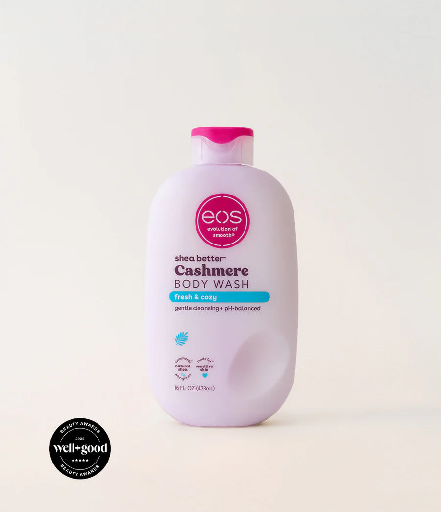 EOS Cashmere Body Wash bottle on a white background with a 'well-good' beauty award badge. Purchase from americanbodycare.co.uk