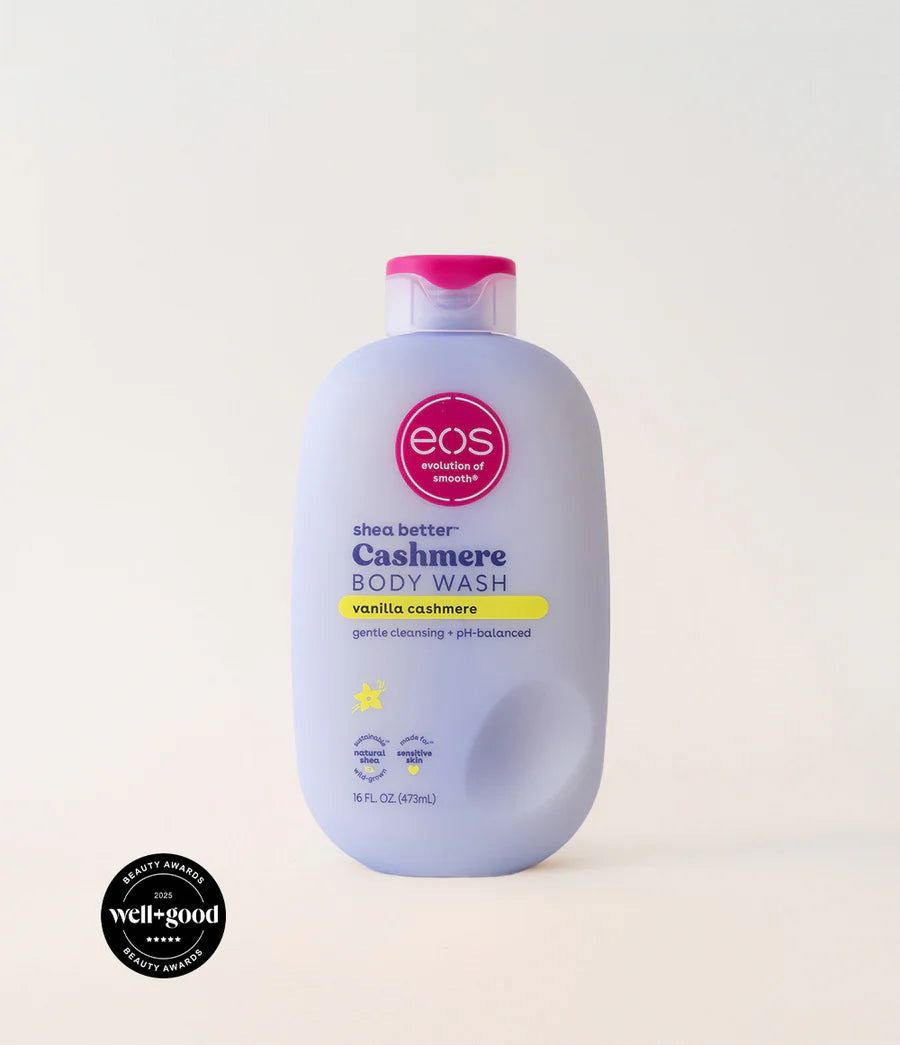 EOS Cashmere Body Wash bottle on a white background with a 'well-good' beauty award badge.. Purchase from americanbodycare.co.uk