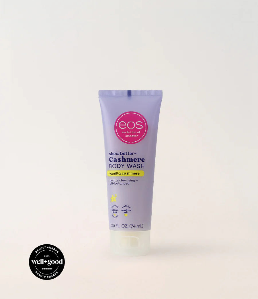 Eos Cashmere body wash tube on a white background. Purchase from www.americanbodycare.co.uk 