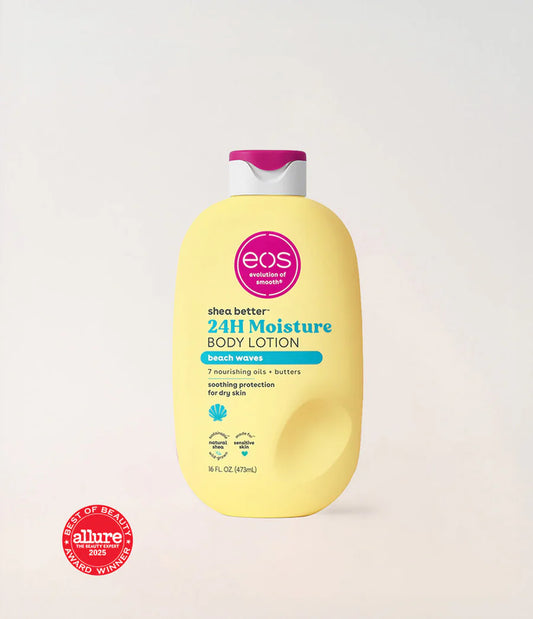 Yellow bottle of eos 24-hour moisture body lotion on a white background. Purchase from www.americanbodycare.co.uk 