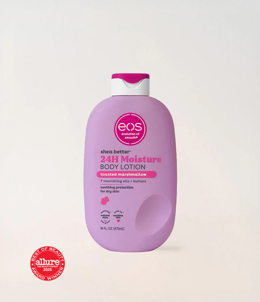 Purple bottle of eos shea butter 24H Moisture Body Lotion on a light beige background. Purchase from www.americanbodycare.co.uk 
