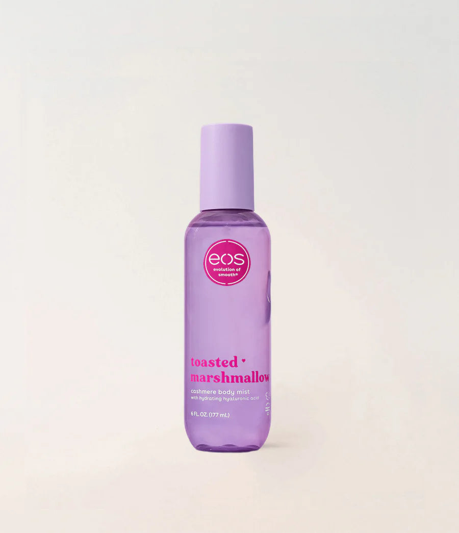 Purple bottle of eos toasted marshmallow lip balm on a light gray background. Purchase from www.americanbodycare.co.uk 