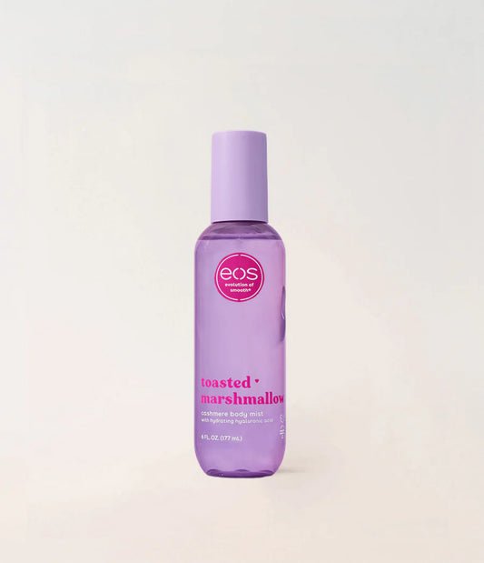 Purple bottle of eos toasted marshmallow lip balm on a light gray background. Purchase from www.americanbodycare.co.uk 