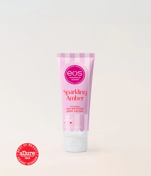 Tube of eos Sparkling Amber lotion on a white background with Allure Best of Beauty 2025 badge.Purchase from www.americanbodycare.co.uk 