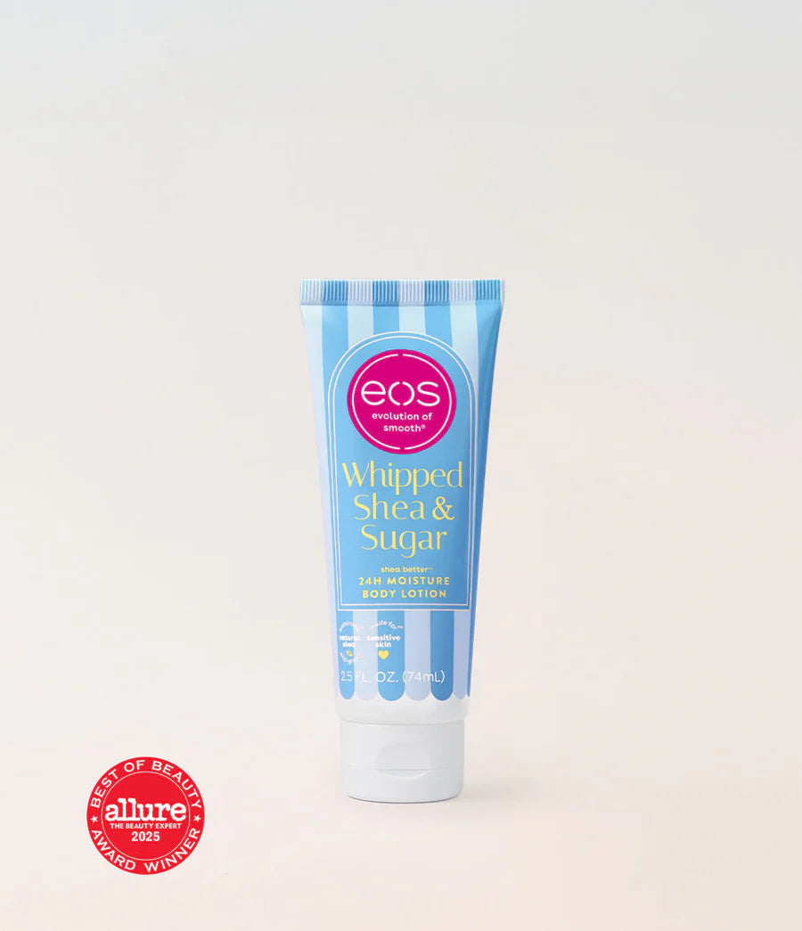 Tube of eos Whipped Shea & Sugar lotion with a 'Best of Beauty' Allure award badge on a white background. Purchase from www.americanbodycare.co.uk 