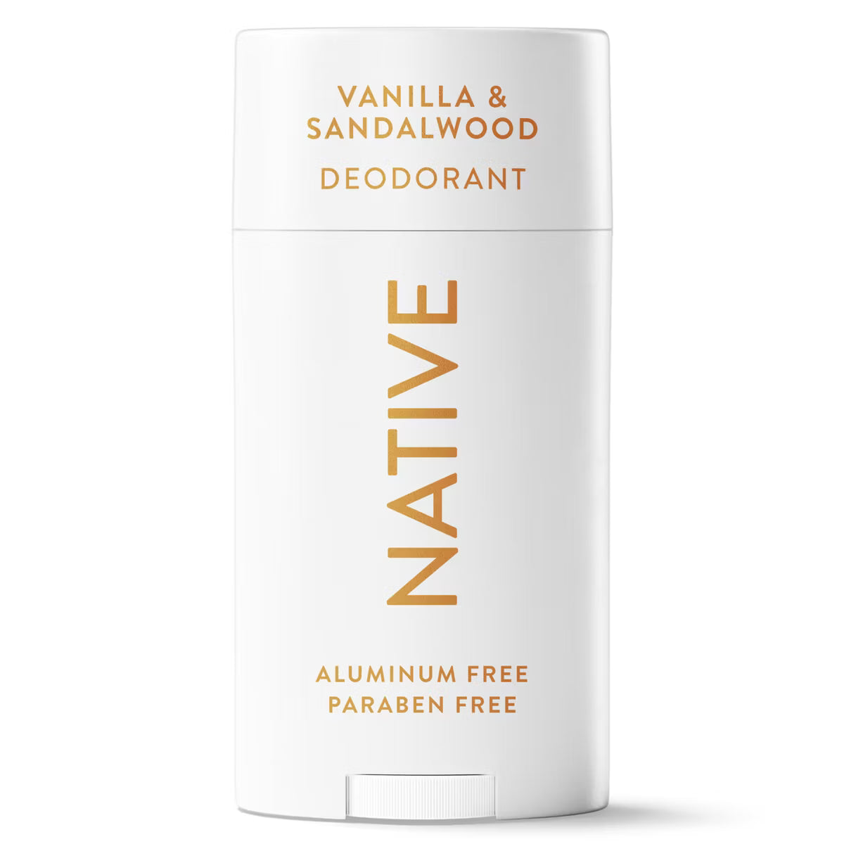 White deodorant stick with gold text on a white background. Purchase from americanbodycare.co.uk