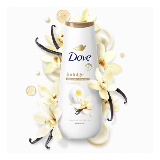 Dove Indulge body wash bottle with vanilla flowers and vanilla beans on a white background. Purchase from americanbodycare.co.uk