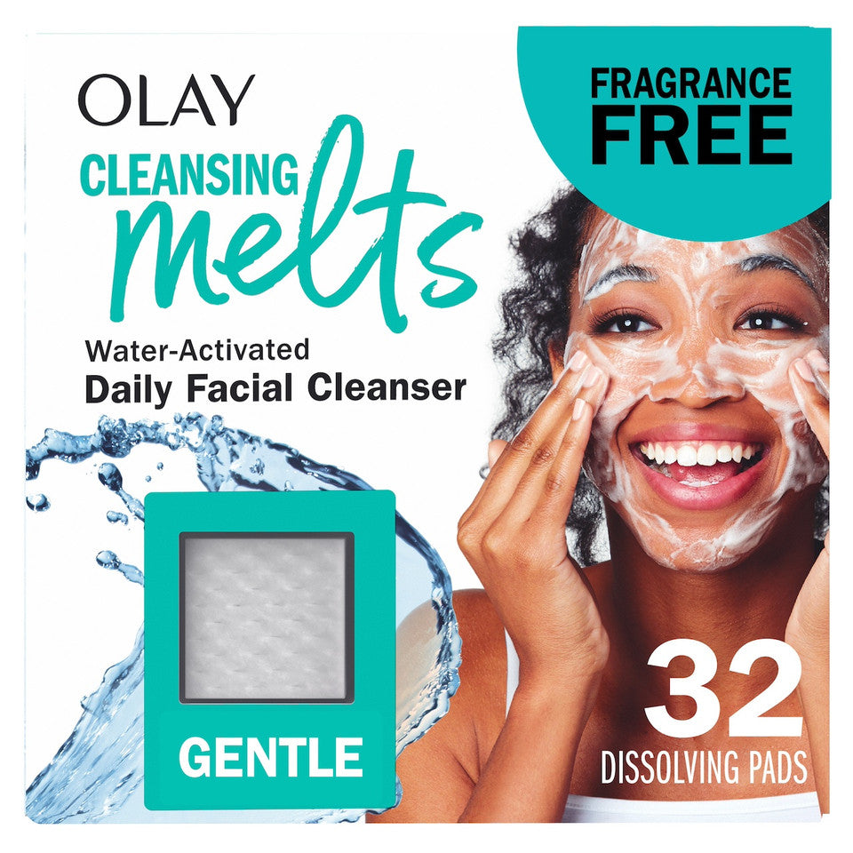 Olay Cleansing Melts packaging with a woman applying the product, featuring water and a teal color scheme. Purchase from americanbodycare.co.uk