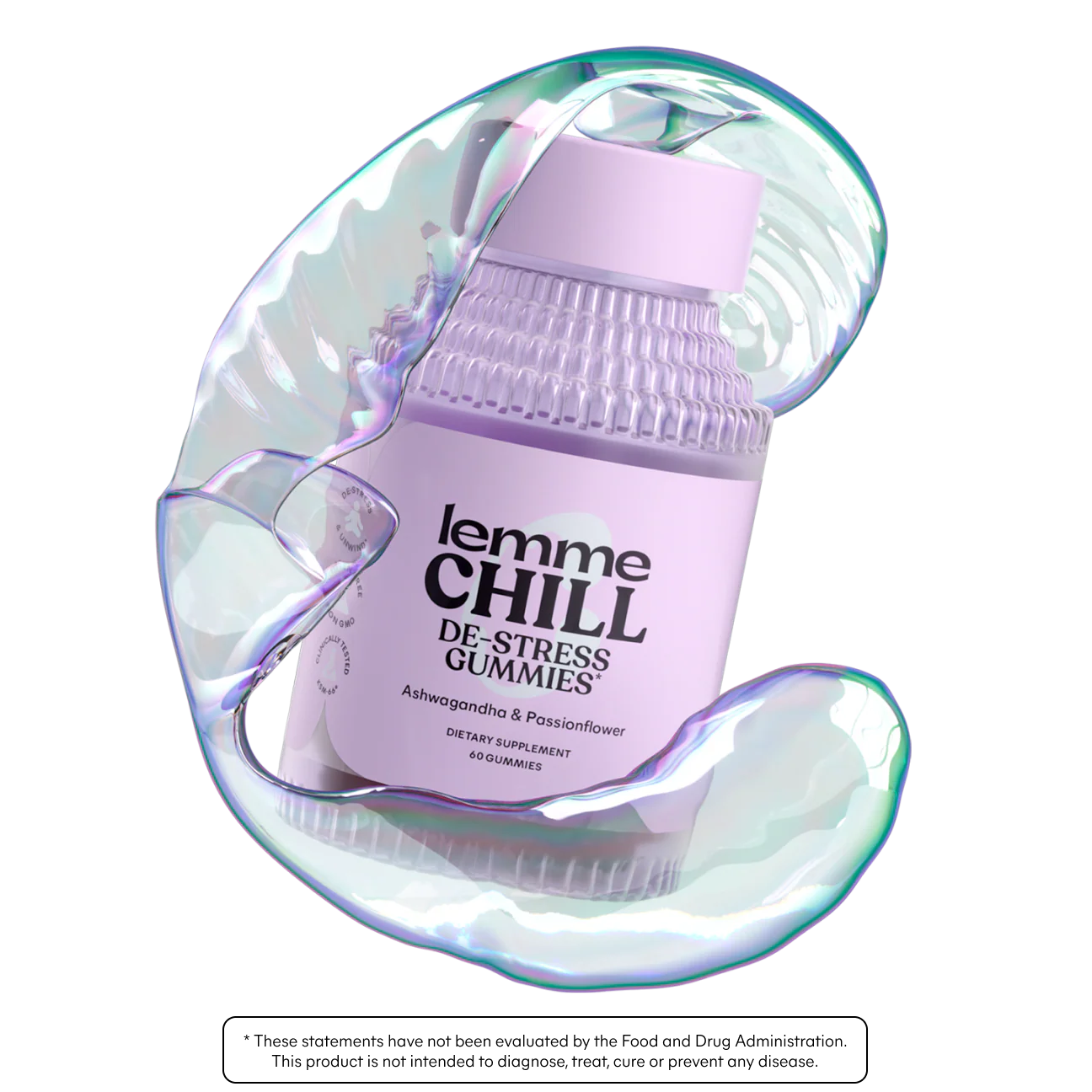 Lemme Chill de-stress gummies packaging with iridescent case on a white background. Purchase from americanbodycare.co.uk