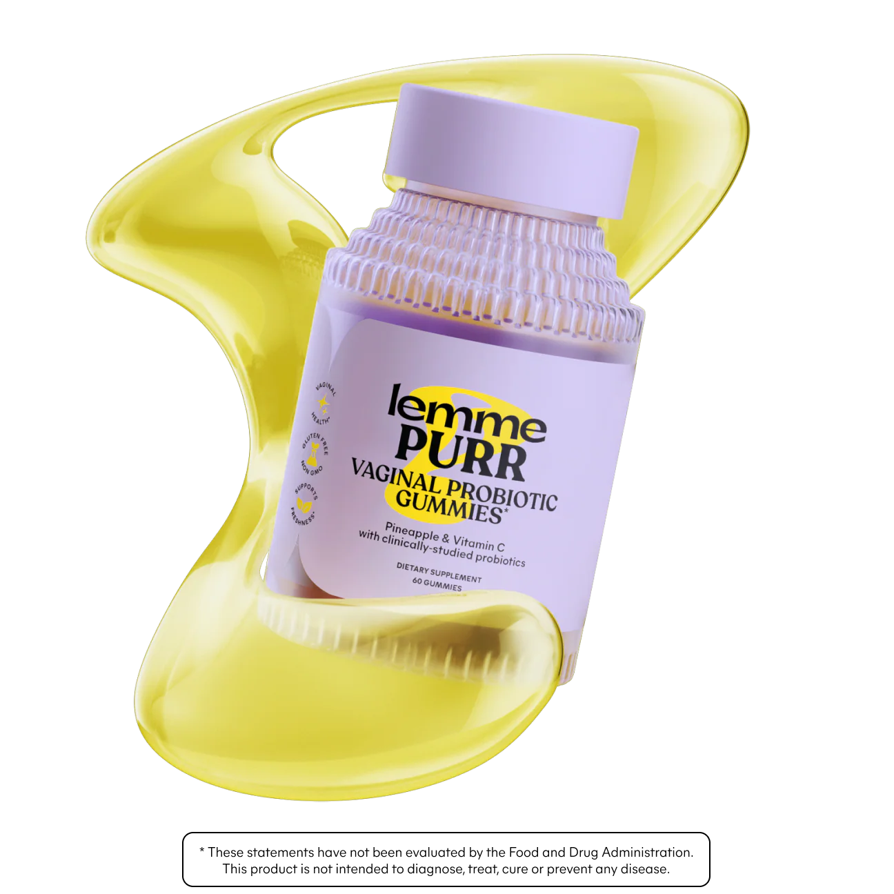 Lemme Purr vaginal probiotic gummies packaging with a yellow applicator on a white background. Purchase from americanbodycare.co.uk