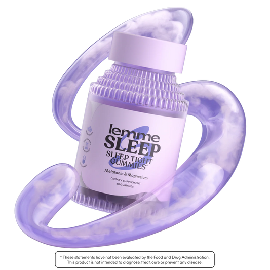 Lilac bottle with 'lemme SLEEP' gummies packaging on a white background. purchase from www.americanbodycare.co.uk