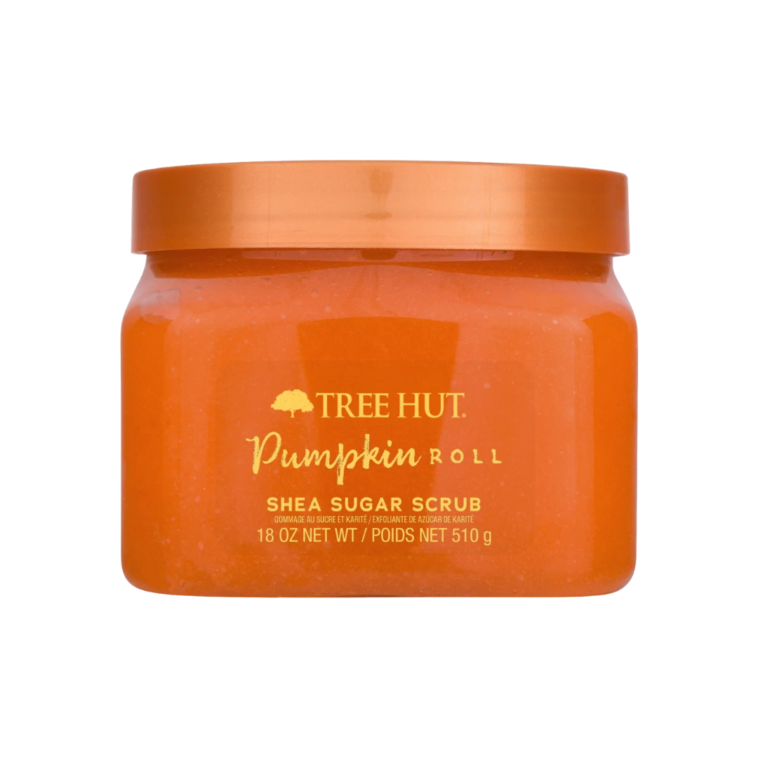 Tree Hut Pumpkin Roll Shea Sugar Scrub in an 18 oz jar with a metallic orange lid and matching orange label, on a white background. purchase from www.americanbodycare.co.uk