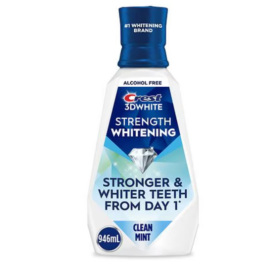 Crest 3D White strength whitening mouthwash bottle on a white background. Purchase from americanbodycare.co.uk