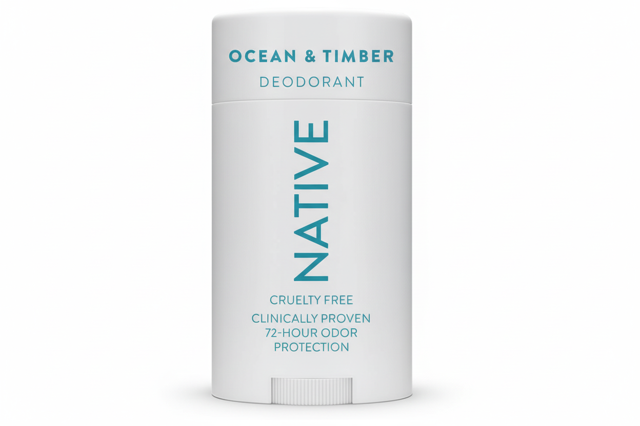 Native Ocean & Timber deodorant stick on a white background. Purchase from americanbodycare.co.uk
