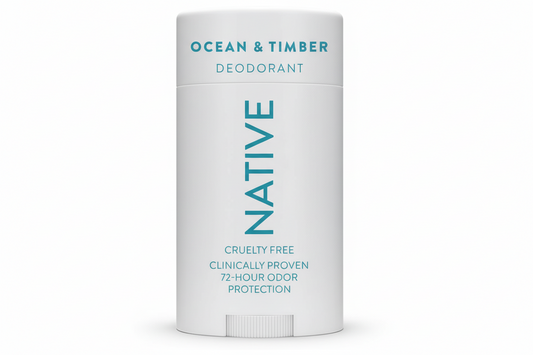 Native Ocean & Timber deodorant stick on a white background. Purchase from americanbodycare.co.uk