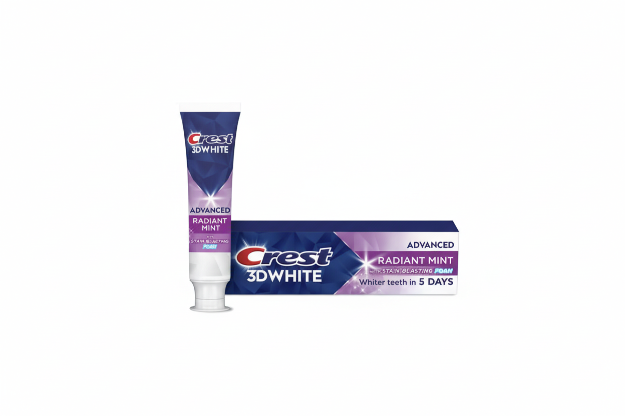 Crest 3D White toothpaste tube and packaging on a white background. Purchase from americanbodycare.co.uk