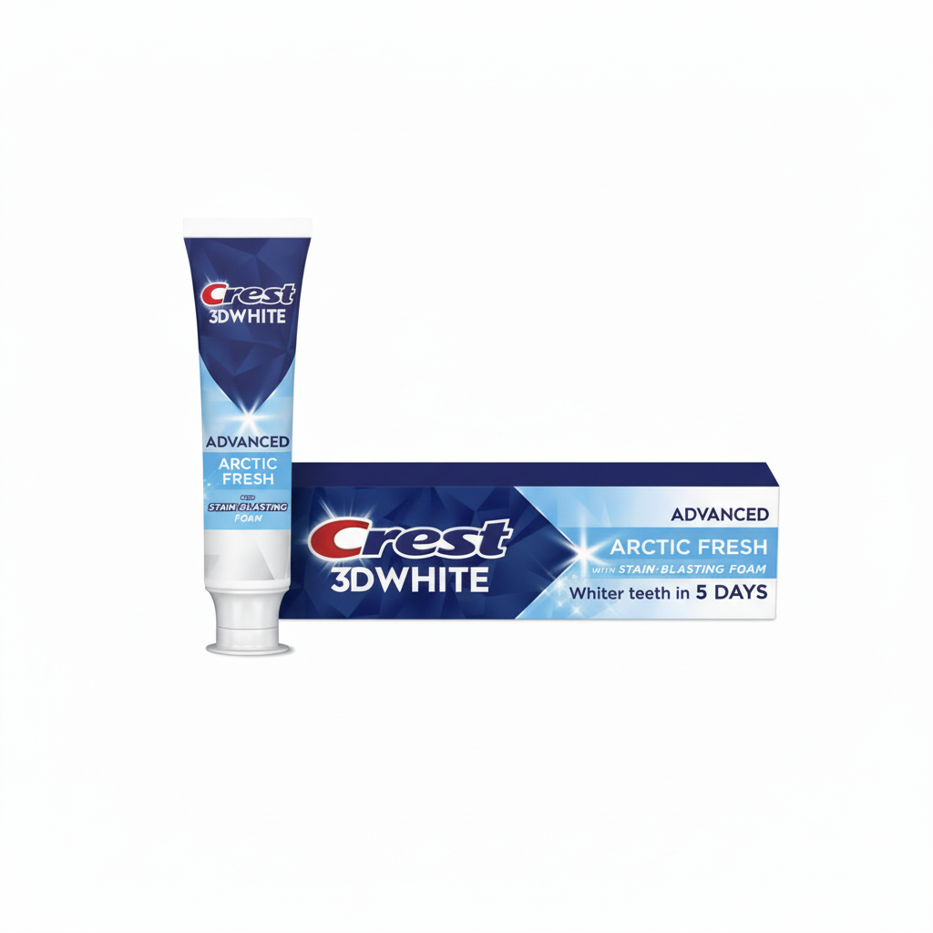 Crest 3DWhite toothpaste tube and packaging on a white background. Purchase from americanbodycare.co.uk