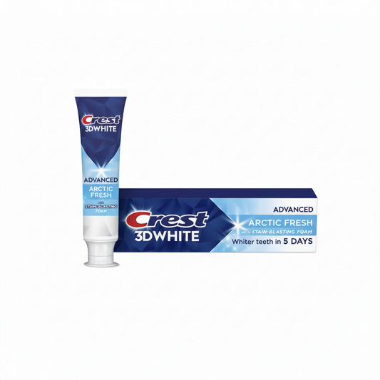 Crest 3DWhite toothpaste tube and packaging on a white background. Purchase from americanbodycare.co.uk