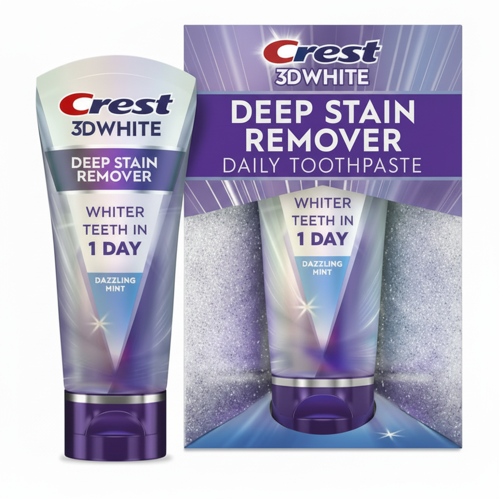 Crest 3D White Deep Stain Remover toothpaste tube and packaging on a white background. Purchase from americanbodycare.co.uk