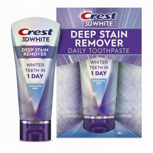 Crest 3D White Deep Stain Remover toothpaste tube and packaging on a white background. Purchase from americanbodycare.co.uk
