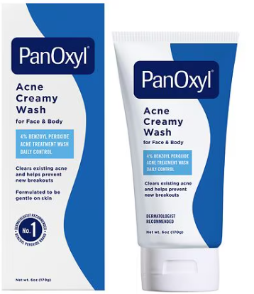 PanOxyl Acne Creamy Wash packaging with tube and box on a white background. Purchase from americanbodycare.co.uk