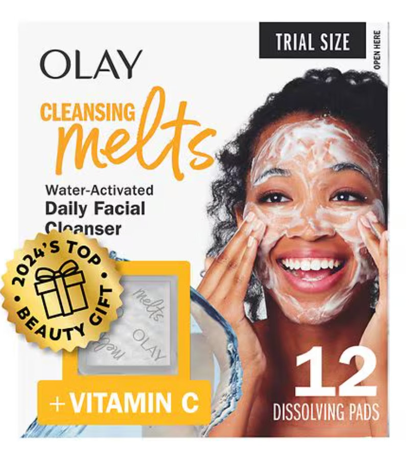 Olay Cleansing Melts packaging with a woman applying product, featuring 2024's Top Beauty Gift badge.. Purchase from americanbodycare.co.uk