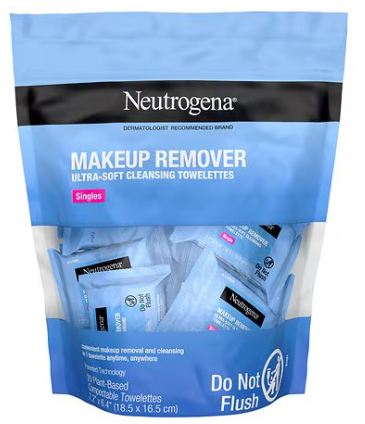Neutrogena makeup remover towelettes packaging on a white background. Purchase from americanbodycare.co.uk 