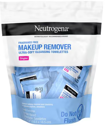 Neutrogena makeup remover towelettes packaging on a white background. Purchase from americanbodycare.co.uk 