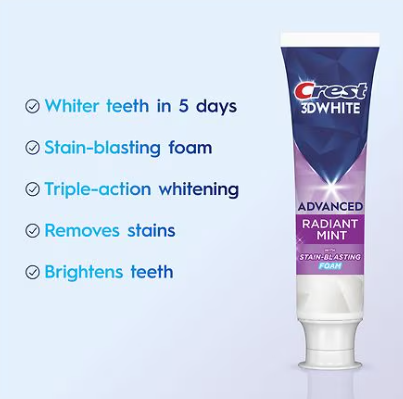 Crest 3D White toothpaste tube with product features on a light blue background. Purchase from americanbodycare.co.uk
