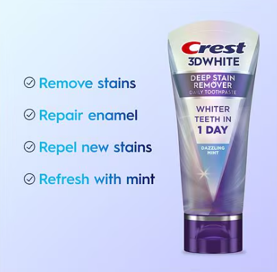 Crest 3DWhite toothpaste tube with product benefits on a light blue background. Purchase from americanbodycare.co.uk