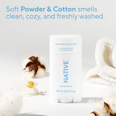 Native deodorant packaging with soft powder and cotton theme on a light gray background. Purchase from americanbodycare.co.uk