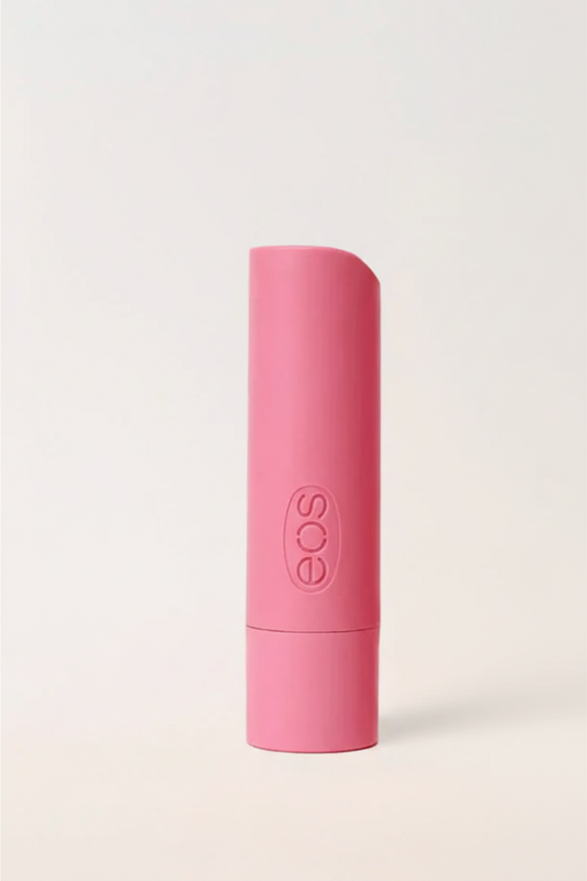 Pink lip balm with 'eos' branding on a light gray background. Purchase from americanbodycare.co.uk