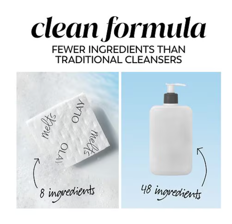 Olay soap bar and pump bottle with text comparing ingredient counts to traditional cleansers. Purchase from americanbodycare.co.uk