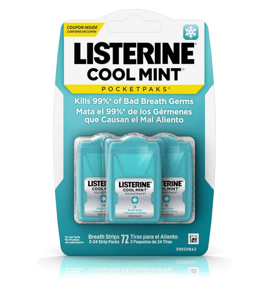 Packaging of Listerine Cool Mint PocketPaks on a white background. Purchase from americanbodycare.co.uk