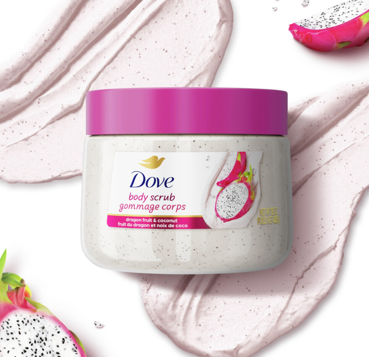 Dove body scrub jar with dragon fruit and coconut on a white background. Purchase from americanbodycare.co.uk