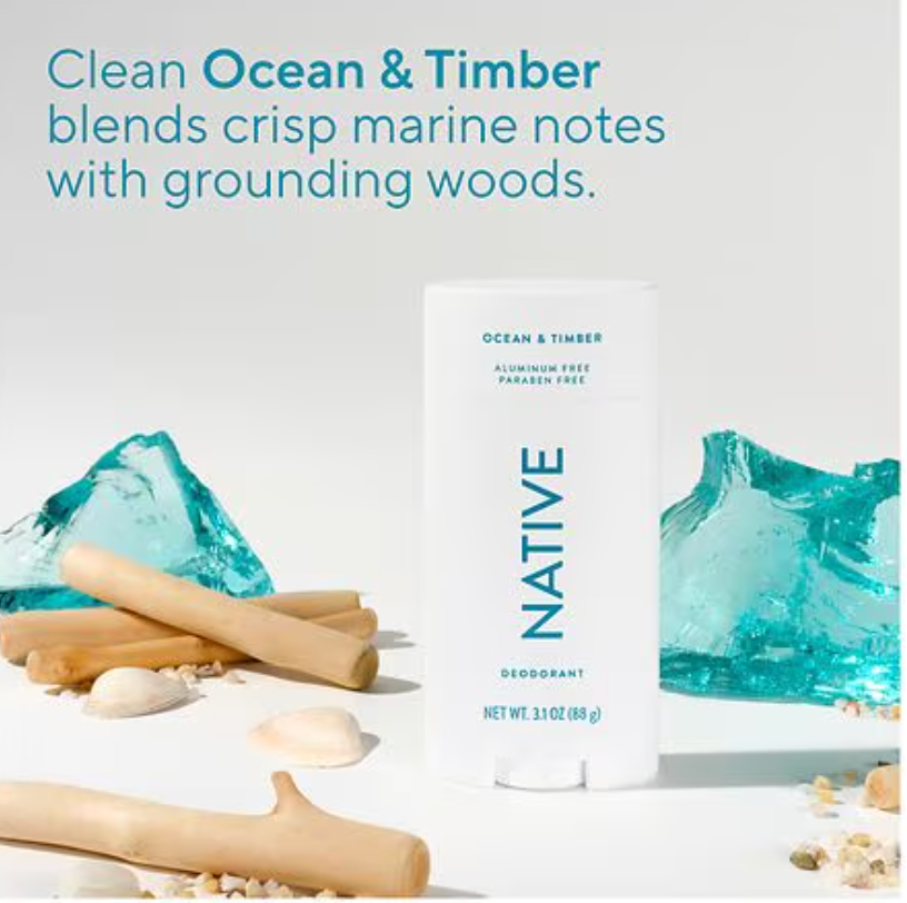 Native deodorant packaging with ocean-themed design and text about fragrance description. Purchase from americanbodycare.co.uk