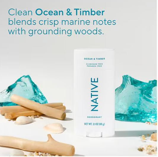 Native deodorant packaging with ocean-themed design and text about fragrance description. Purchase from americanbodycare.co.uk