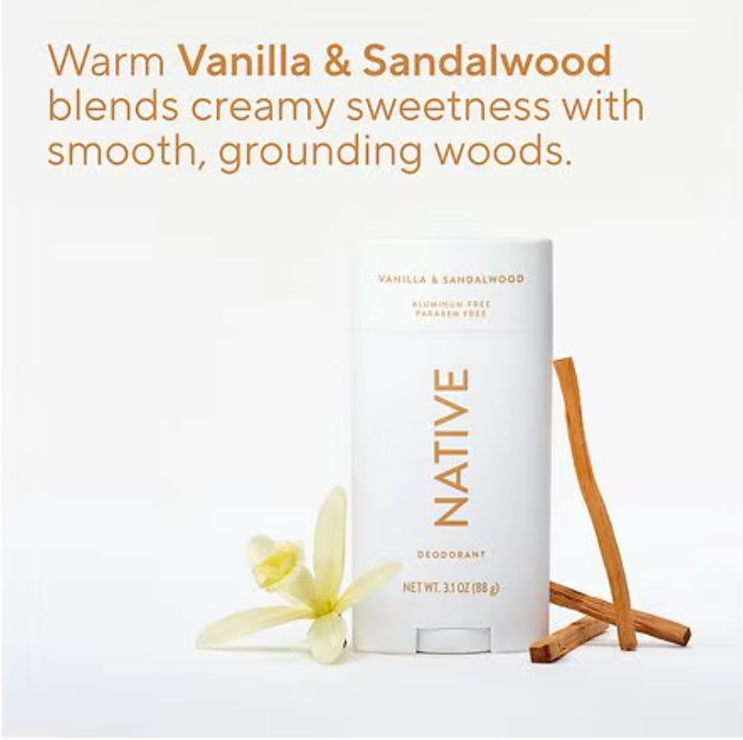 Native deodorant packaging with vanilla flower and sandalwood stick on a white background. Purchase from americanbodycare.co.uk
