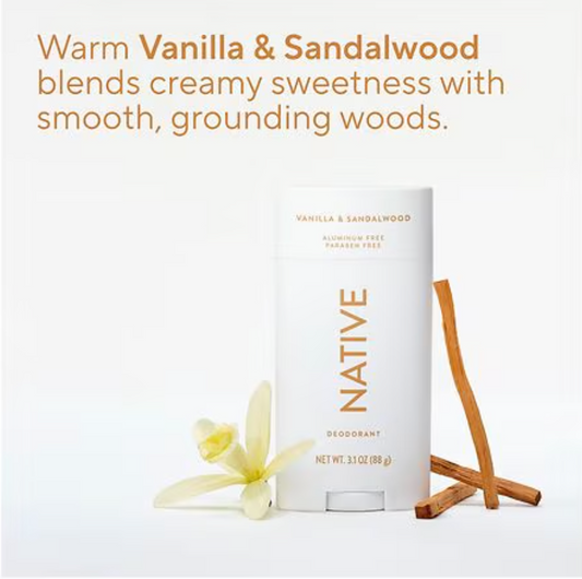 Native deodorant packaging with vanilla flower and sandalwood stick on a white background. Purchase from americanbodycare.co.uk