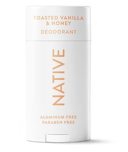 Native deodorant stick with 'Toasted Vanilla & Honey' flavour on a white background. Purchase from americanbodycare.co.uk