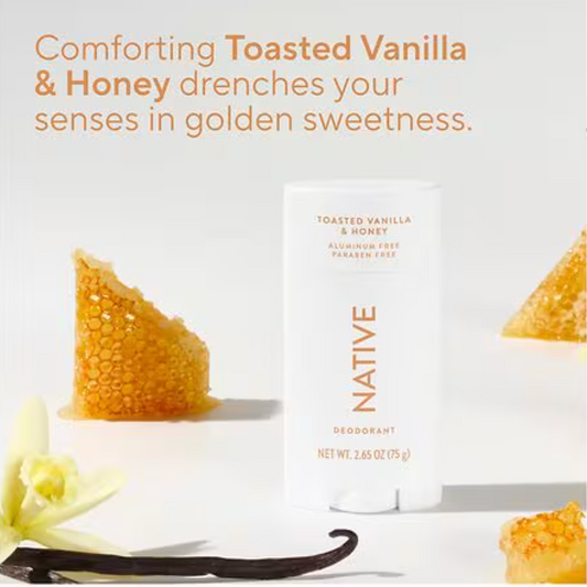 Native Toasted Vanilla & Honey deodorant with vanilla bean and honeycomb on a white background. Purchase from americanbodycare.co.uk