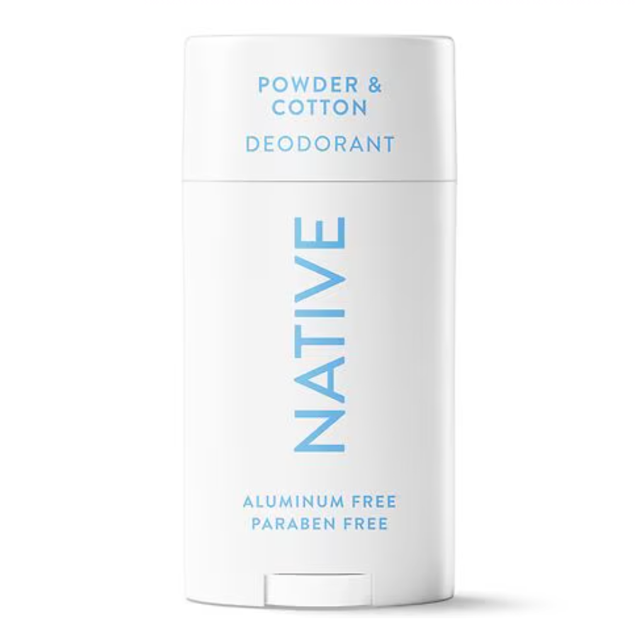 Native powder and cotton deodorant stick on a white background. Purchase from americanbodycare.co.uk