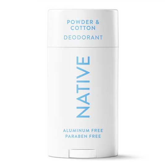 Native powder and cotton deodorant stick on a white background. Purchase from americanbodycare.co.uk
