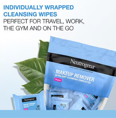 Neutrogena makeup remover wipes packaging with green leaves on a light blue background. Purchase from americanbodycare.co.uk 