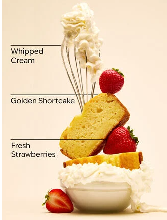 Decorative display of whipped cream, golden shortcake, and fresh strawberries on a white background. Purchase from www.americanbodycare.co.uk 