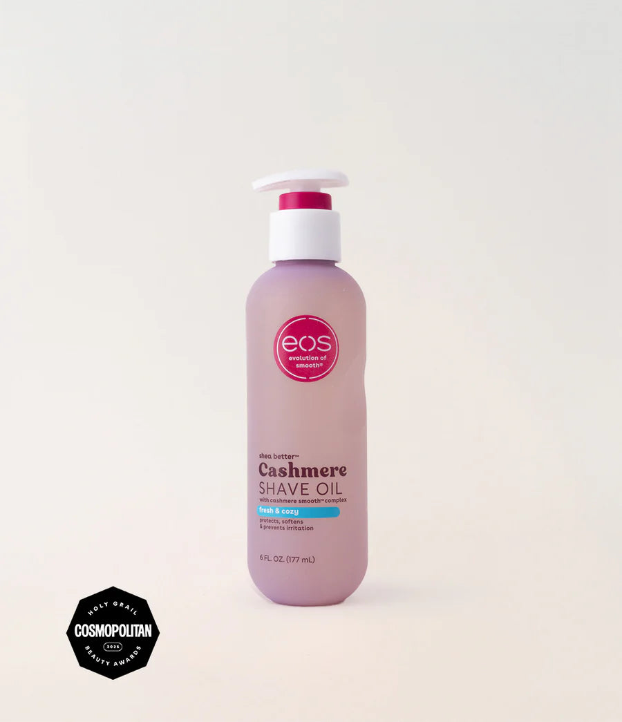 EOS Cashmere Shave Oil bottle on a white background. Purchase from americanbodycare.co.uk 